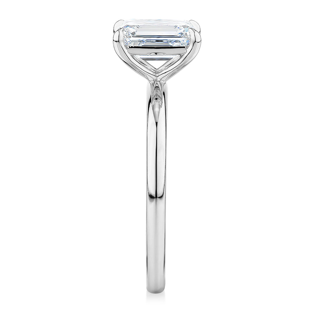 Premium Certified Laboratory Created Diamond, 1.50 carat emerald cut solitaire engagement ring in platinum