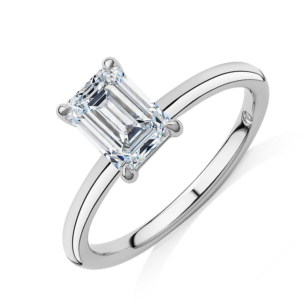 Signature Simulant Diamond 1.50 carat* emerald cut solitaire engagement ring in 14 carat white gold