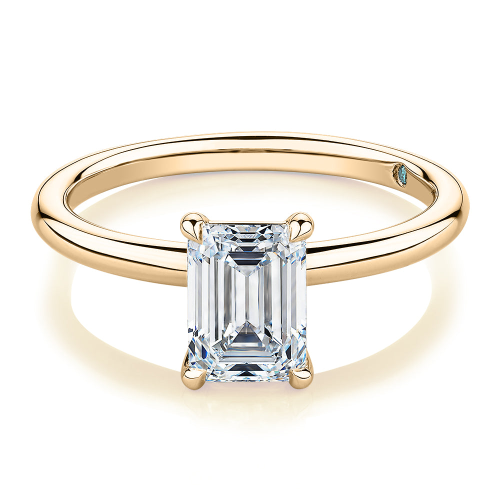 Premium Certified Laboratory Created Diamond, 1.50 carat emerald cut solitaire engagement ring in 18 carat yellow gold