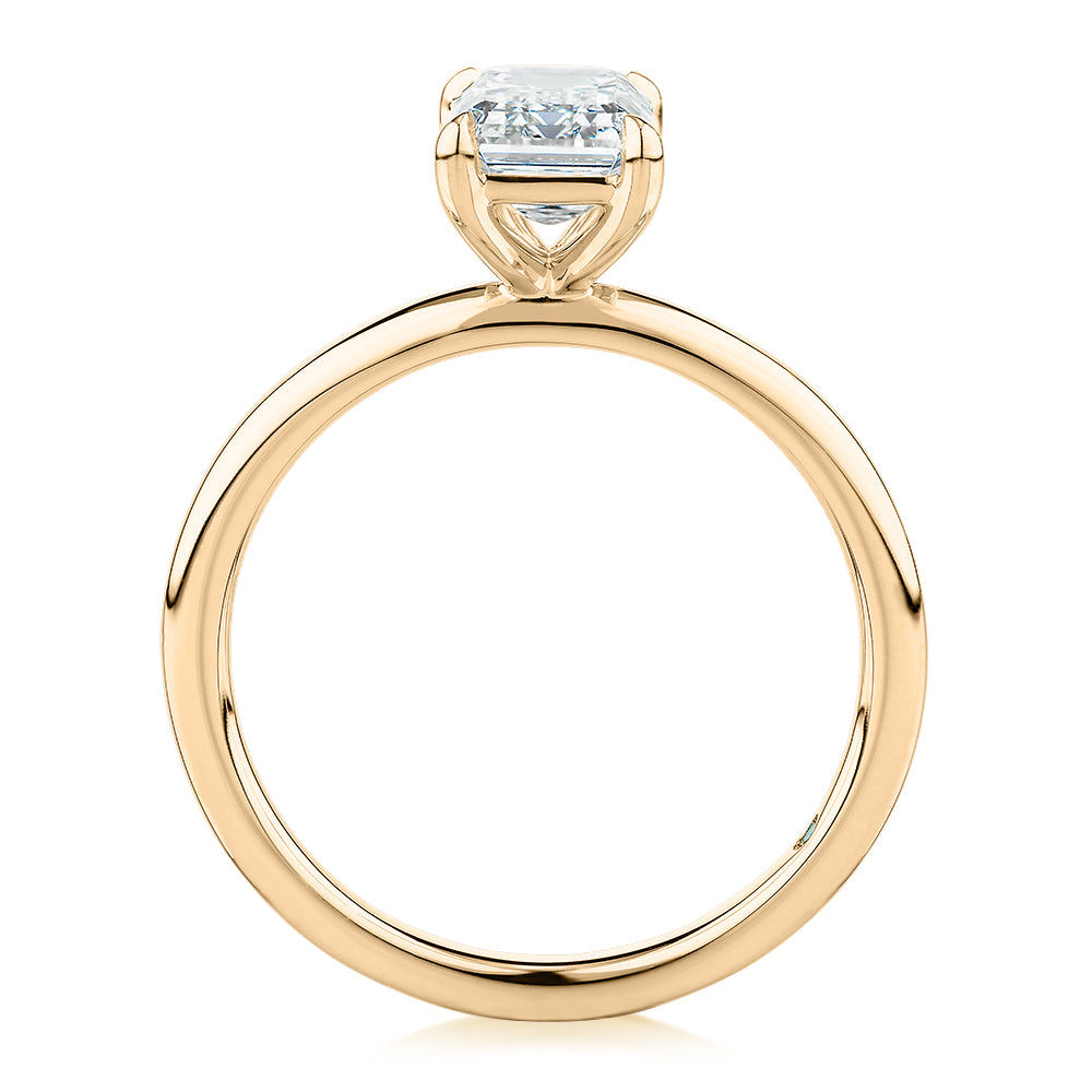 Premium Certified Laboratory Created Diamond, 1.50 carat emerald cut solitaire engagement ring in 18 carat yellow gold