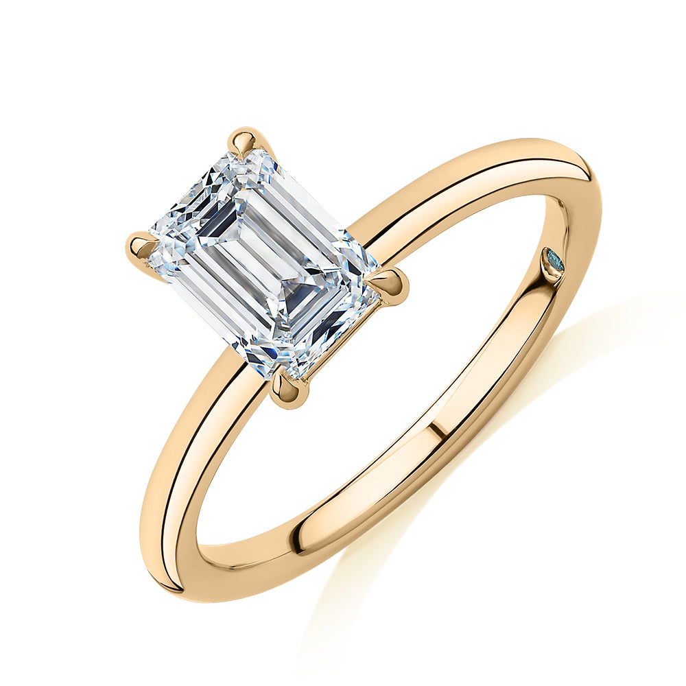 Premium Certified Laboratory Created Diamond, 1.50 carat emerald cut solitaire engagement ring in 18 carat yellow gold
