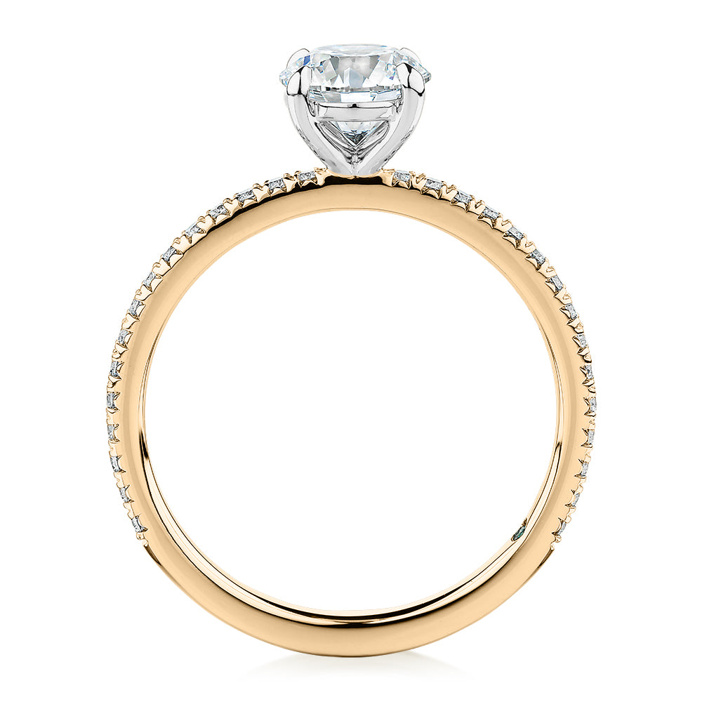 Premium Certified Laboratory Created Diamond, 1.24 carat TW round brilliant shouldered engagement ring in 14 carat yellow and white gold