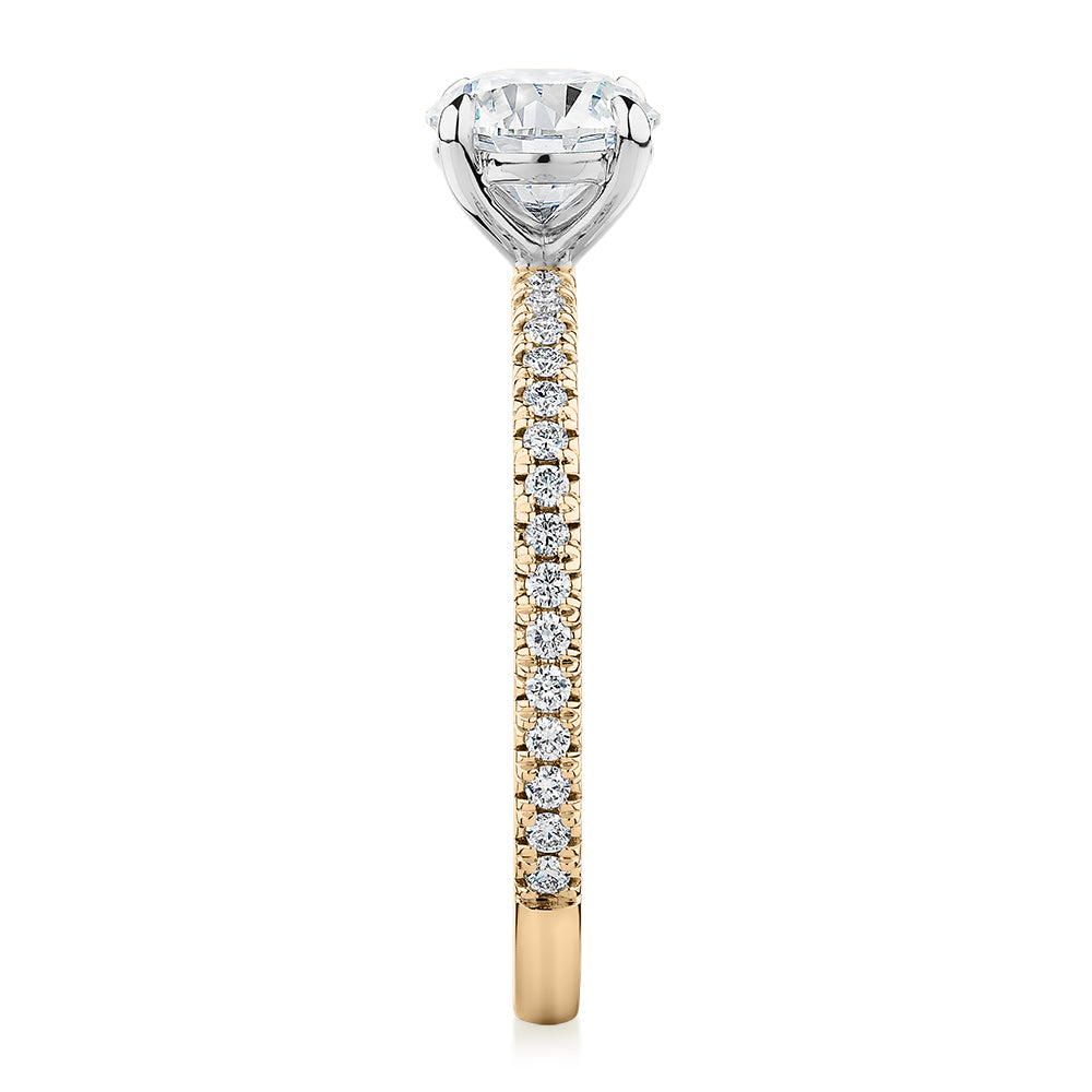 Signature Simulant Diamond 1.24 carat* TW round brilliant shouldered engagement ring in 14 carat yellow and white gold