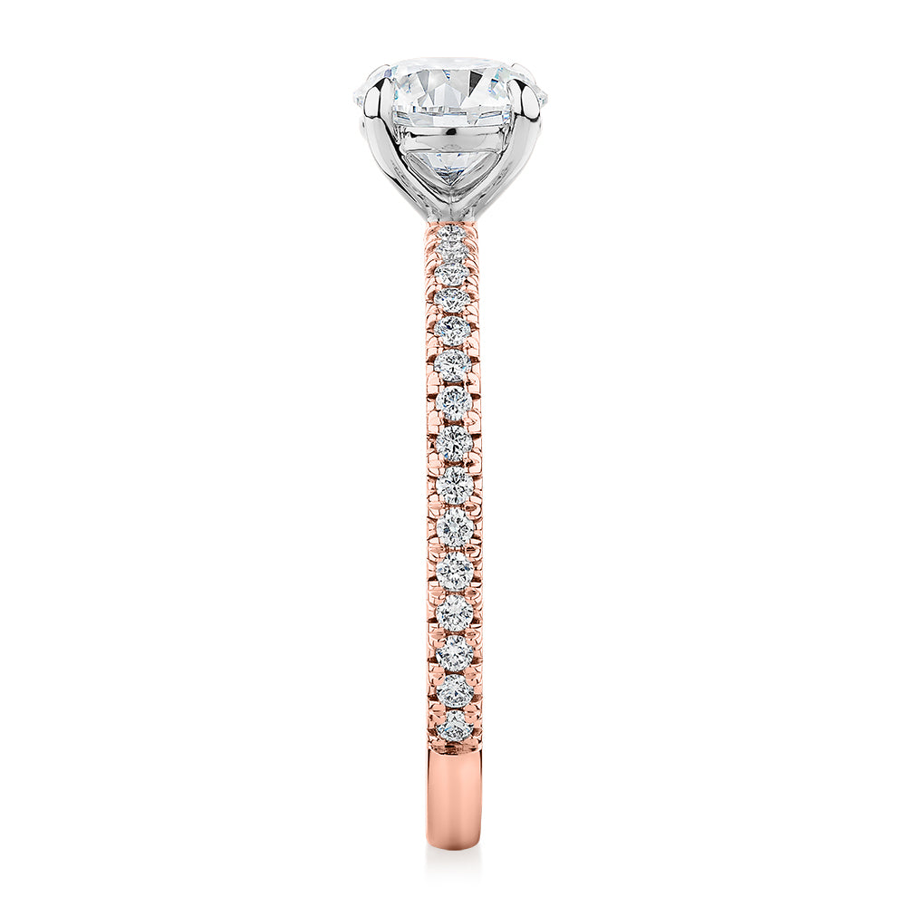Signature Simulant Diamond 1.24 carat* TW round brilliant shouldered engagement ring in 14 carat rose and white gold