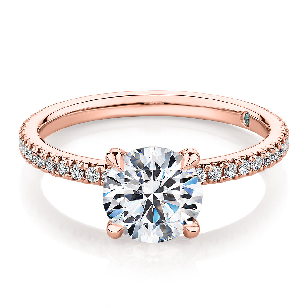 Premium Certified Laboratory Created Diamond, 1.74 carat TW round brilliant shouldered engagement ring in 18 carat rose gold