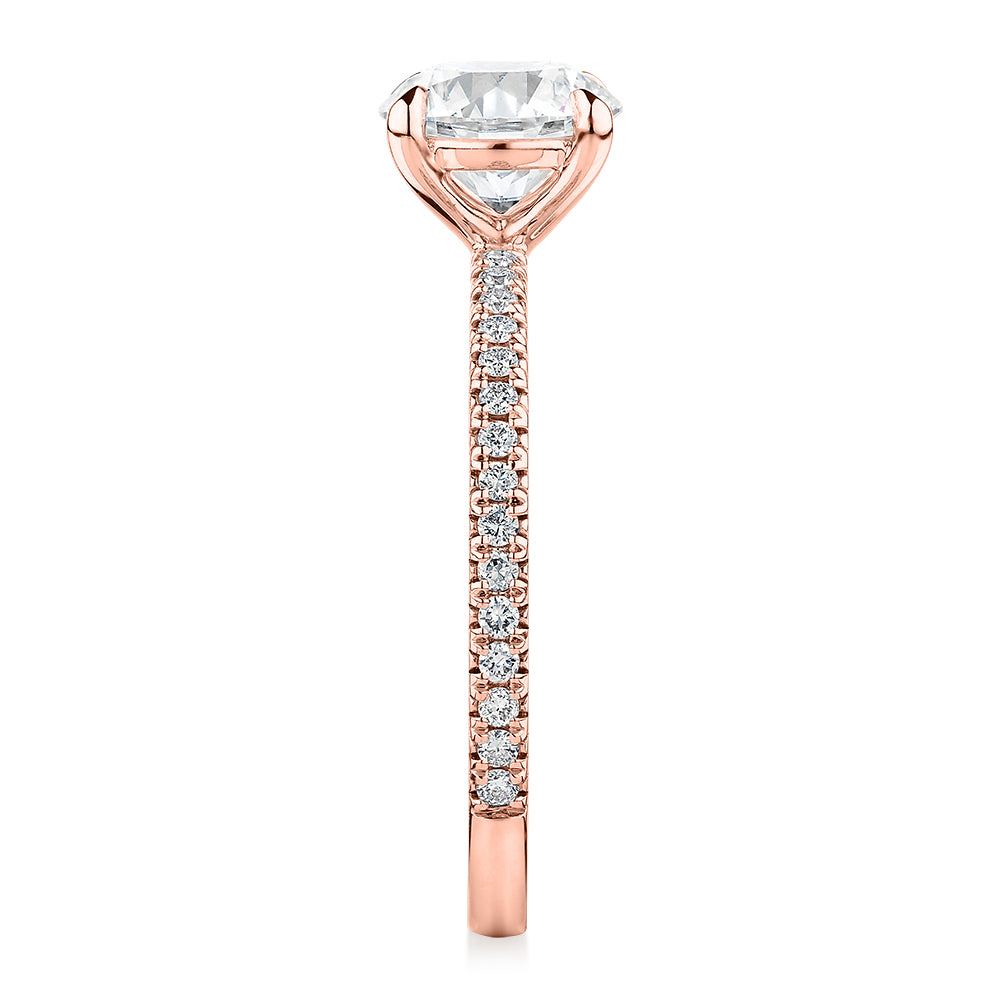 Premium Certified Laboratory Created Diamond, 1.74 carat TW round brilliant shouldered engagement ring in 14 carat rose gold