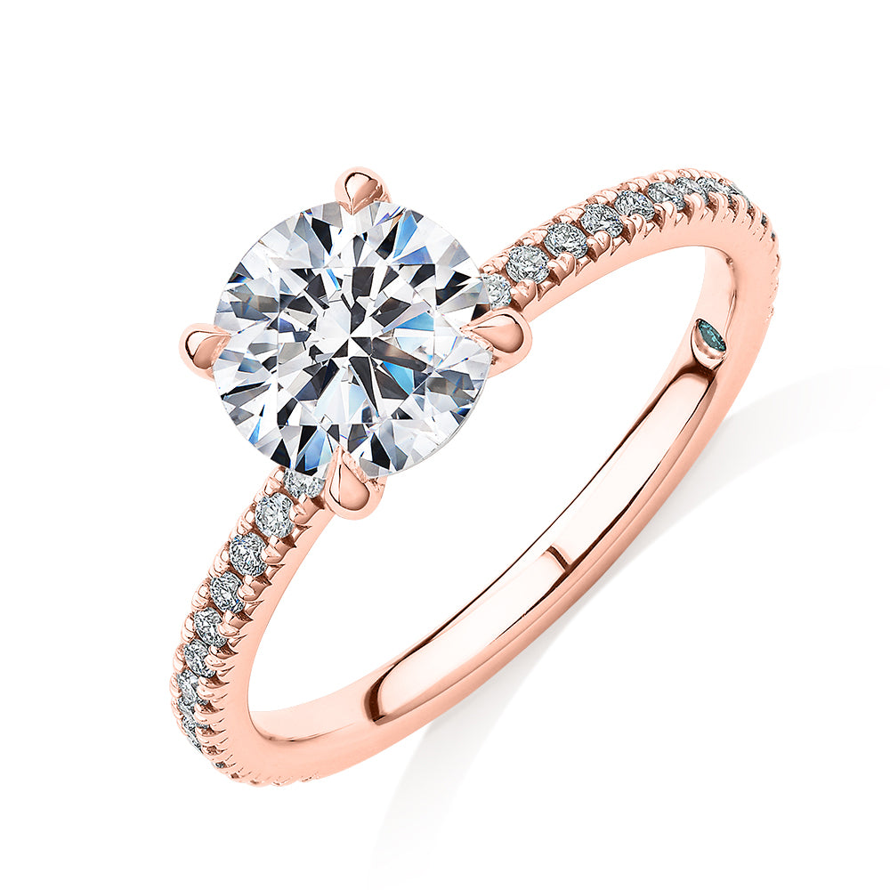 Premium Certified Laboratory Created Diamond, 1.74 carat TW round brilliant shouldered engagement ring in 14 carat rose gold