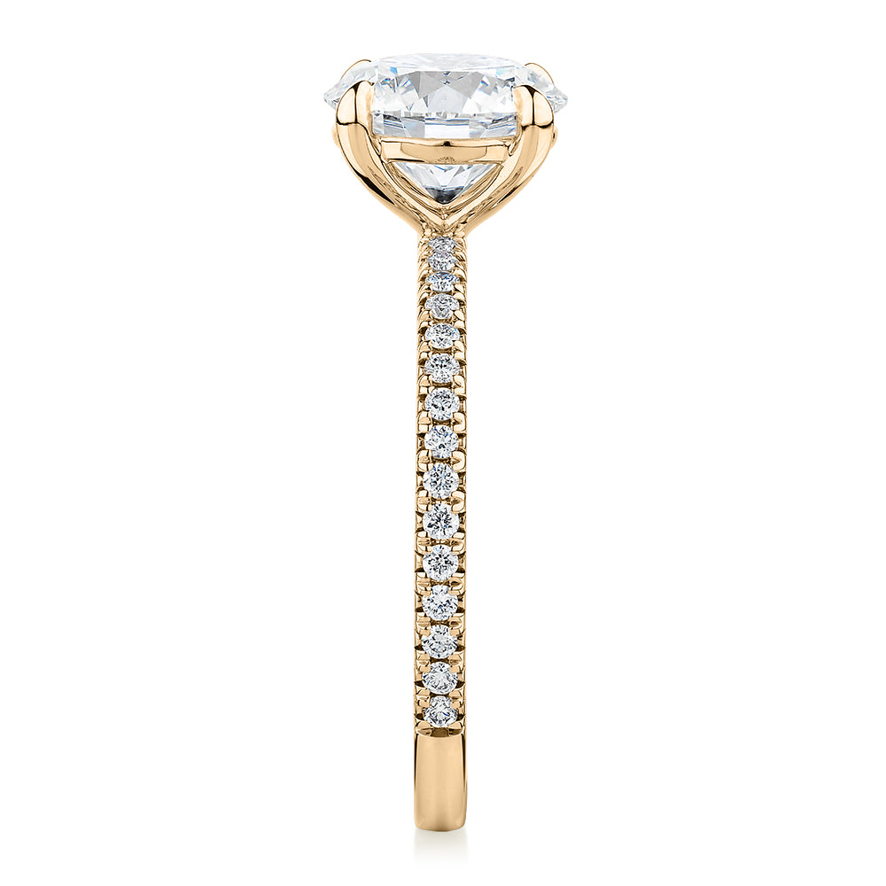 Premium Certified Lab-Grown Diamond, 2.19 carat TW round brilliant shouldered engagement ring in 14 carat yellow gold