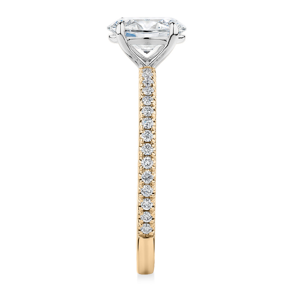 Premium Certified Lab-Grown Diamond, 1.24 carat TW oval and round brilliant shouldered engagement ring in 14 carat yellow and white gold