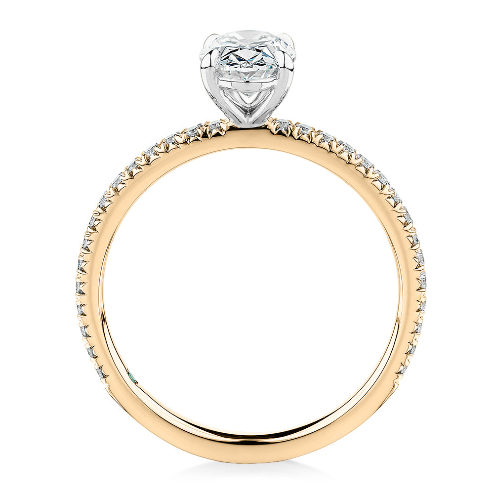 Premium Certified Lab-Grown Diamond, 1.24 carat TW oval and round brilliant shouldered engagement ring in 14 carat yellow and white gold