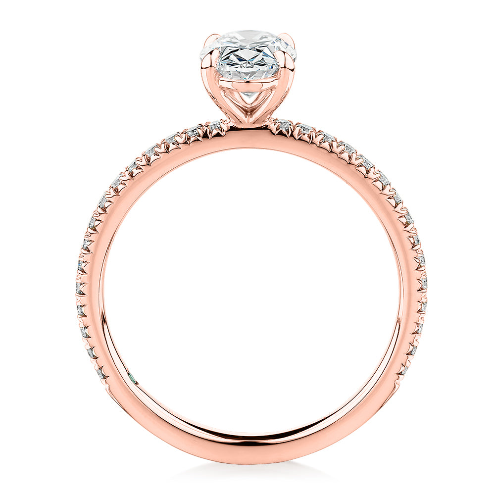 Premium Certified Laboratory Created Diamond, 1.24 carat TW oval and round brilliant shouldered engagement ring in 18 carat rose gold