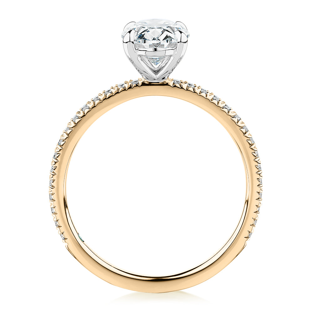 Premium Certified Laboratory Created Diamond, 1.74 carat TW oval and round brilliant shouldered engagement ring in 14 carat yellow and white gold