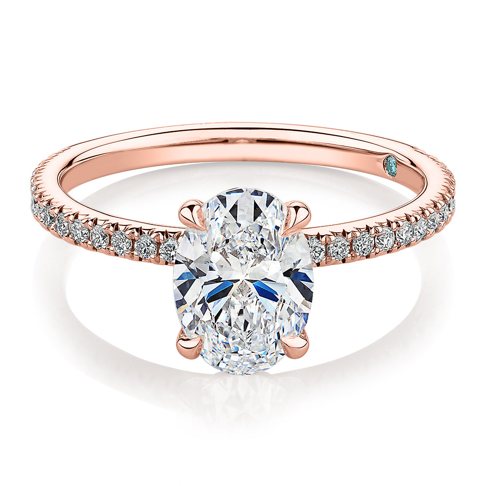 Premium Certified Laboratory Created Diamond, 1.74 carat TW oval and round brilliant shouldered engagement ring in 18 carat rose gold
