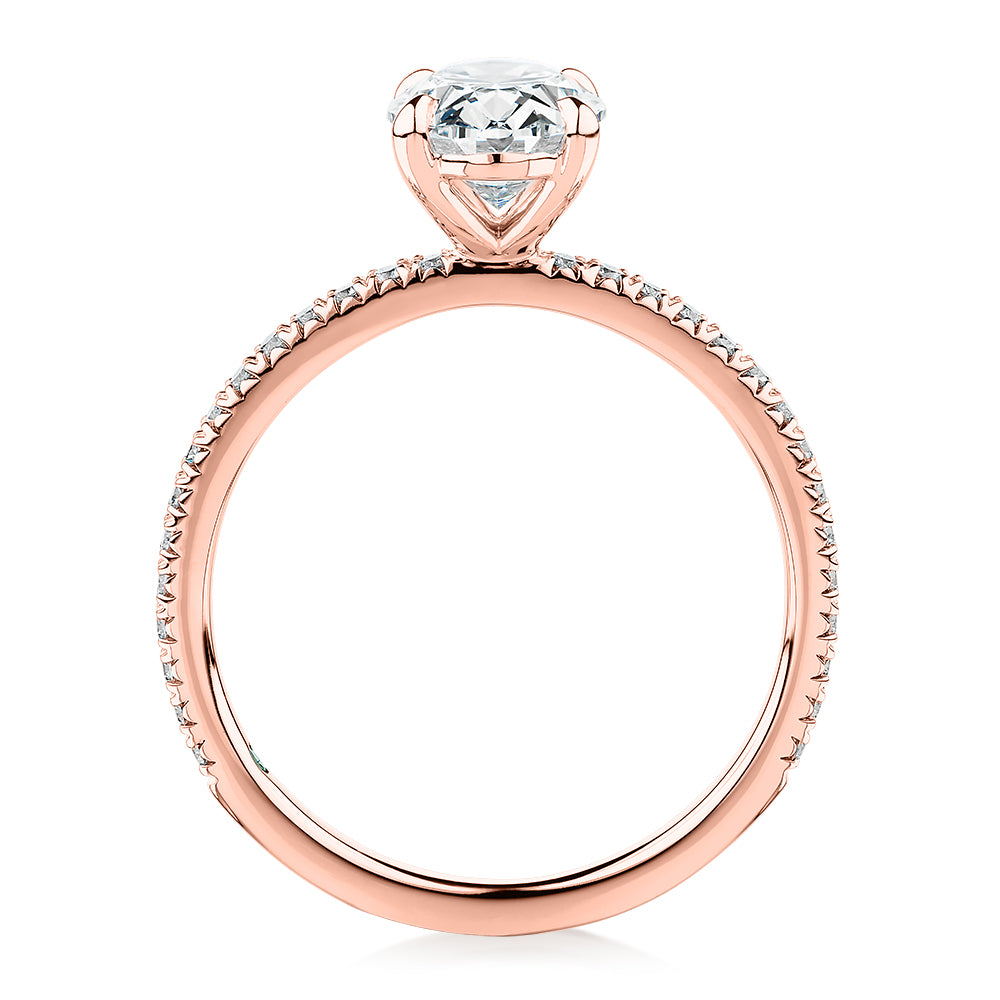 Premium Certified Laboratory Created Diamond, 1.74 carat TW oval and round brilliant shouldered engagement ring in 18 carat rose gold