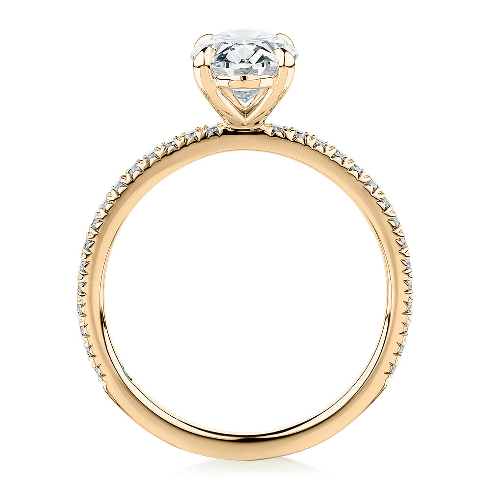 Premium Certified Laboratory Created Diamond, 1.74 carat TW oval and round brilliant shouldered engagement ring in 18 carat yellow gold