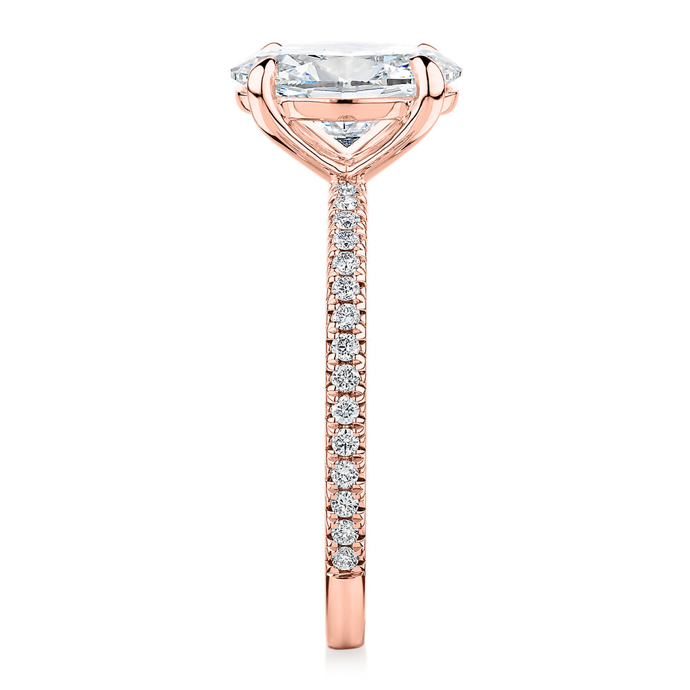 Premium Certified Laboratory Created Diamond, 2.24 carat TW oval and round brilliant shouldered engagement ring in 18 carat rose gold