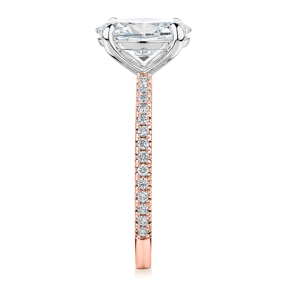 Premium Certified Lab-Grown Diamond, 2.24 carat TW oval and round brilliant shouldered engagement ring in 14 carat rose and white gold