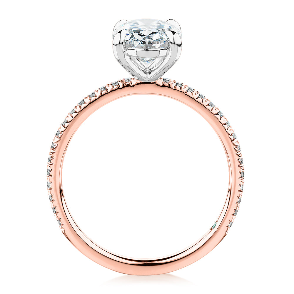Premium Certified Laboratory Created Diamond, 2.24 carat TW oval and round brilliant shouldered engagement ring in 14 carat rose and white gold