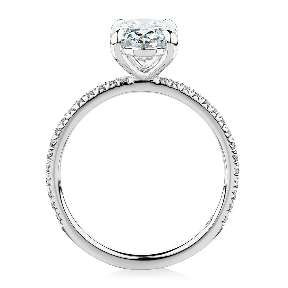Signature Simulant Diamond 2.19 carat* TW oval cut shouldered engagement ring in 14 carat white gold