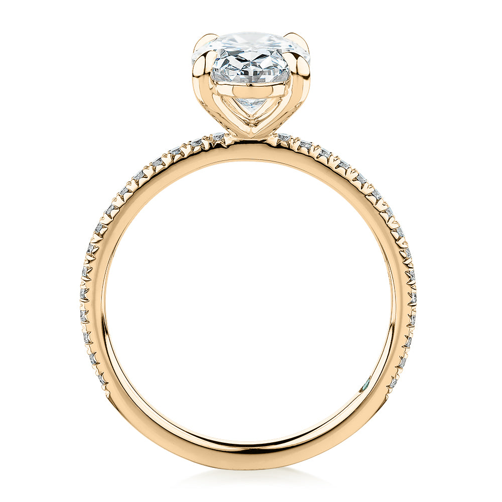 Premium Certified Laboratory Created Diamond, 2.24 carat TW oval and round brilliant shouldered engagement ring in 14 carat yellow gold