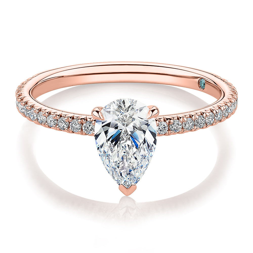 Premium Certified Laboratory Created Diamond, 1.24 carat TW pear and round brilliant shouldered engagement ring in 14 carat rose gold