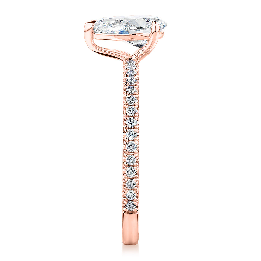 Premium Certified Laboratory Created Diamond, 1.24 carat TW pear and round brilliant shouldered engagement ring in 18 carat rose gold