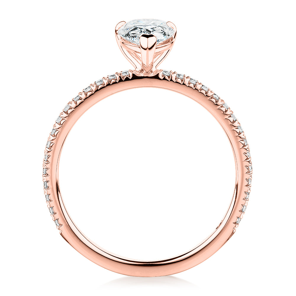 Premium Certified Laboratory Created Diamond, 1.24 carat TW pear and round brilliant shouldered engagement ring in 18 carat rose gold