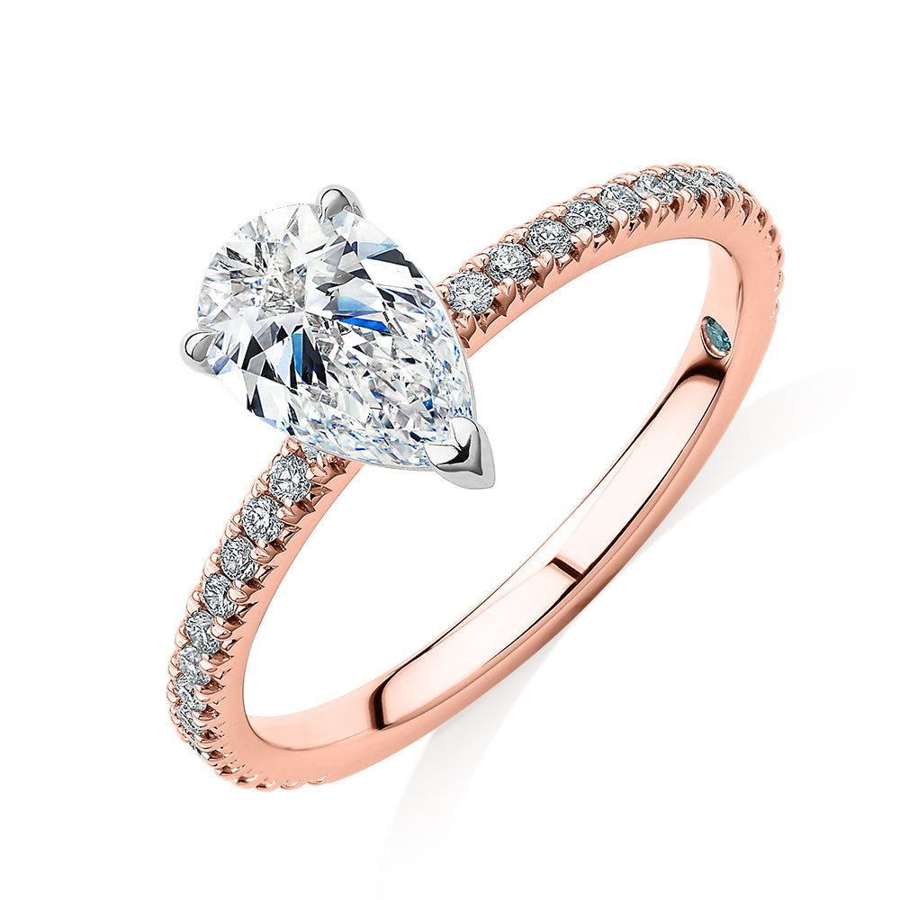 Premium Certified Laboratory Created Diamond, 1.24 carat TW pear and round brilliant shouldered engagement ring in 14 carat rose and white gold
