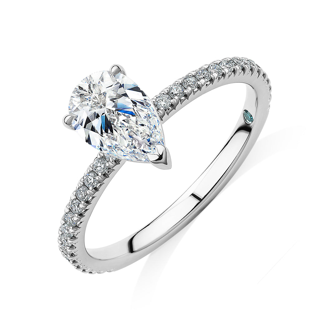 Premium Certified Laboratory Created Diamond, 1.24 carat TW pear and round brilliant shouldered engagement ring in platinum