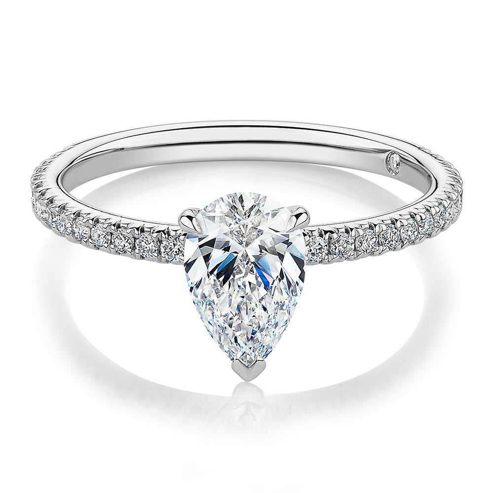 Signature Simulant Diamond 1.24 carat* TW pear and round brilliant shouldered engagement ring in 14 carat white gold