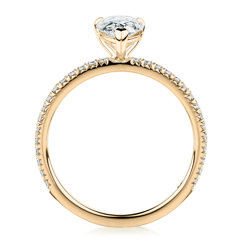 Premium Certified Laboratory Created Diamond, 1.24 carat TW pear and round brilliant shouldered engagement ring in 18 carat yellow gold
