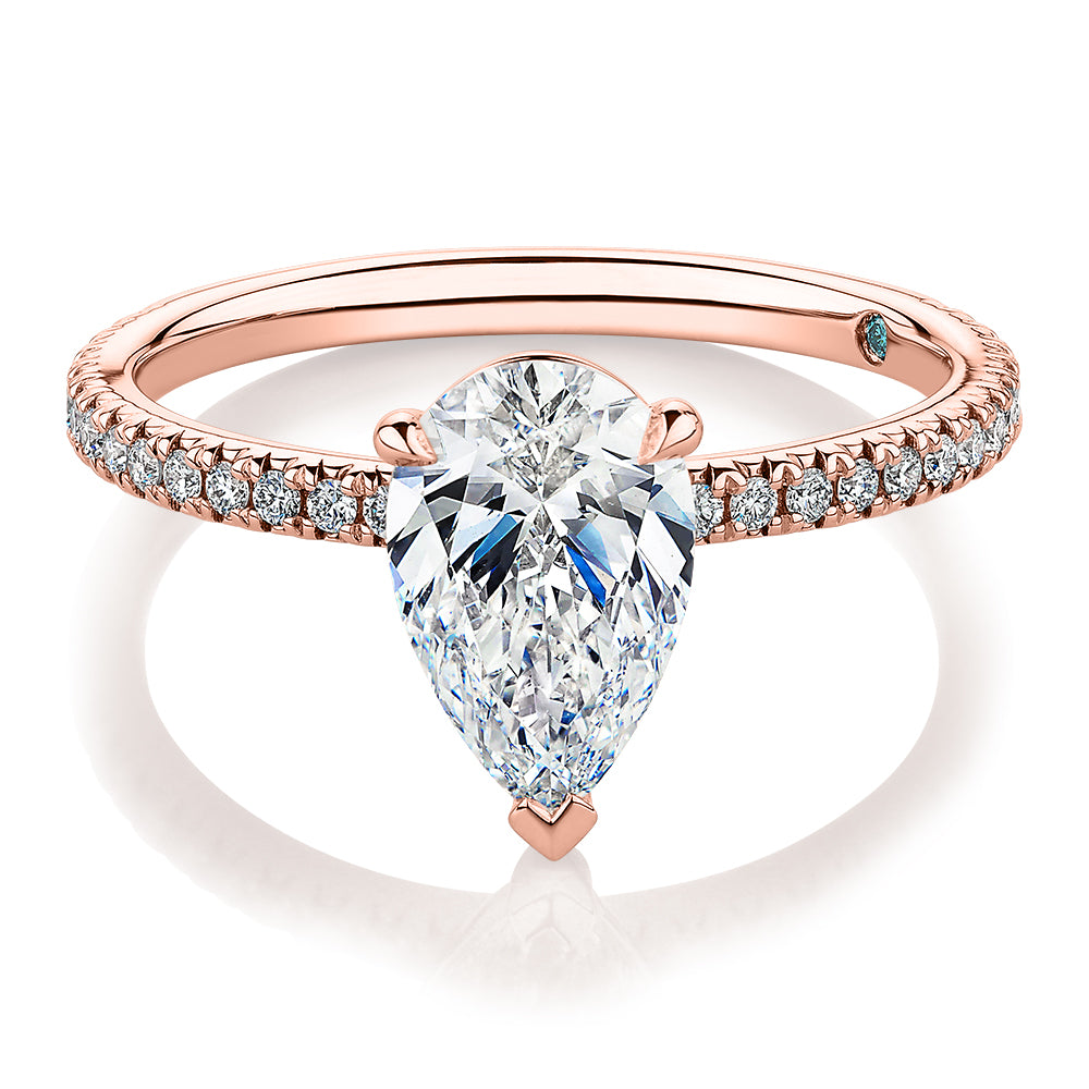 Premium Certified Laboratory Created Diamond, 1.74 carat TW pear and round brilliant shouldered engagement ring in 14 carat rose gold