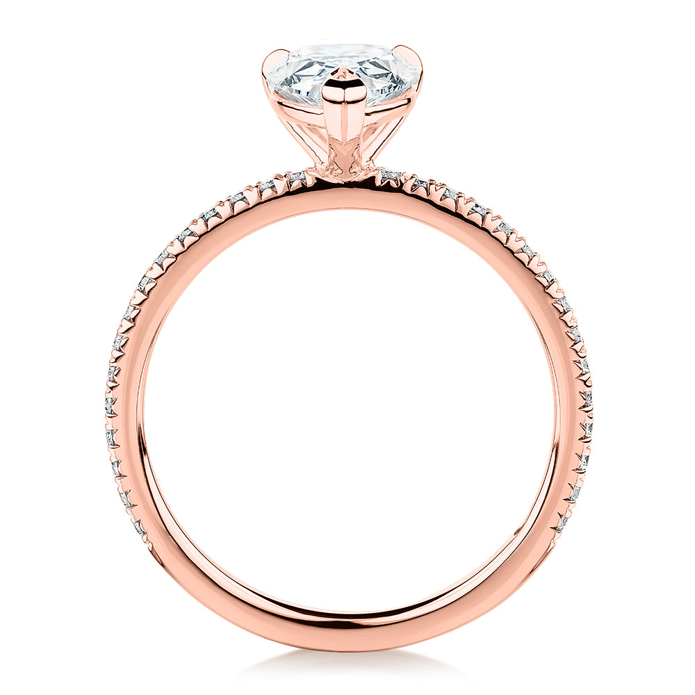Premium Certified Laboratory Created Diamond, 1.74 carat TW pear and round brilliant shouldered engagement ring in 18 carat rose gold