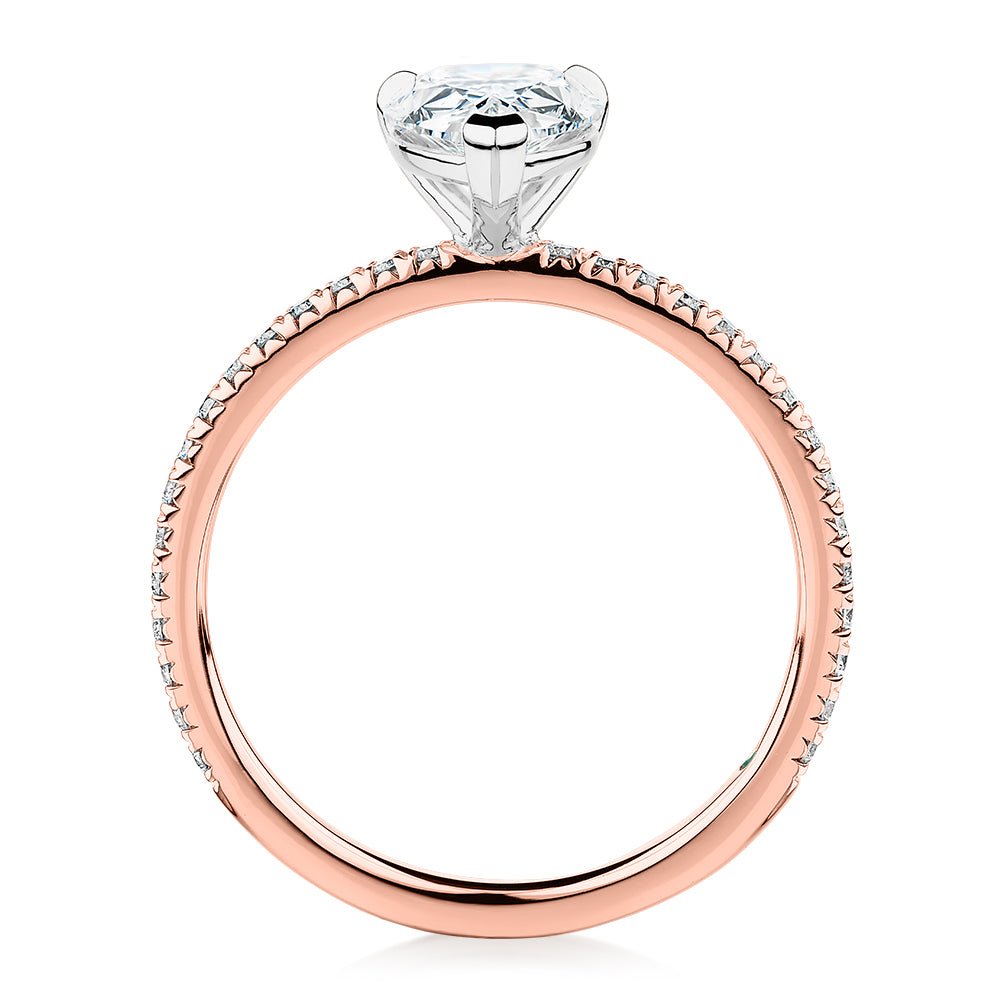 Premium Certified Laboratory Created Diamond, 1.74 carat TW pear and round brilliant shouldered engagement ring in 14 carat rose and white gold