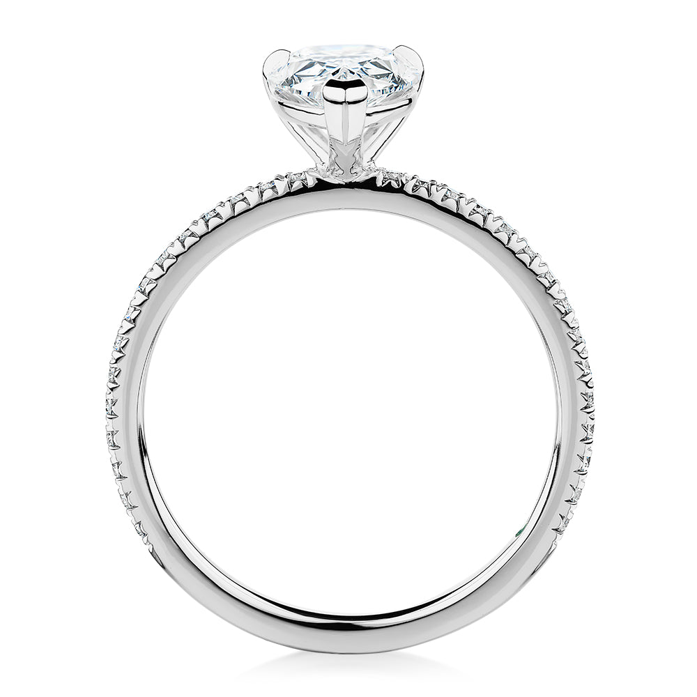 Premium Certified Laboratory Created Diamond, 1.74 carat TW pear and round brilliant shouldered engagement ring in 18 carat white gold