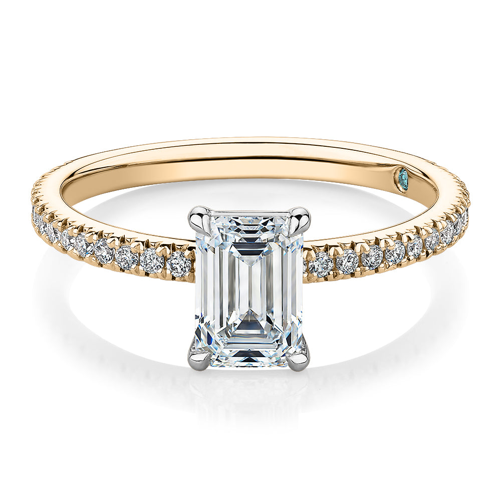 Premium Certified Laboratory Created Diamond, 1.24 carat TW emerald cut and round brilliant shouldered engagement ring in 18 carat yellow and white gold