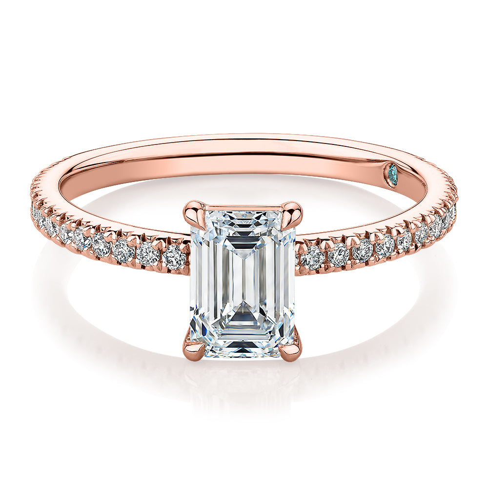 Premium Certified Laboratory Created Diamond, 1.24 carat TW emerald cut and round brilliant shouldered engagement ring in 18 carat rose gold