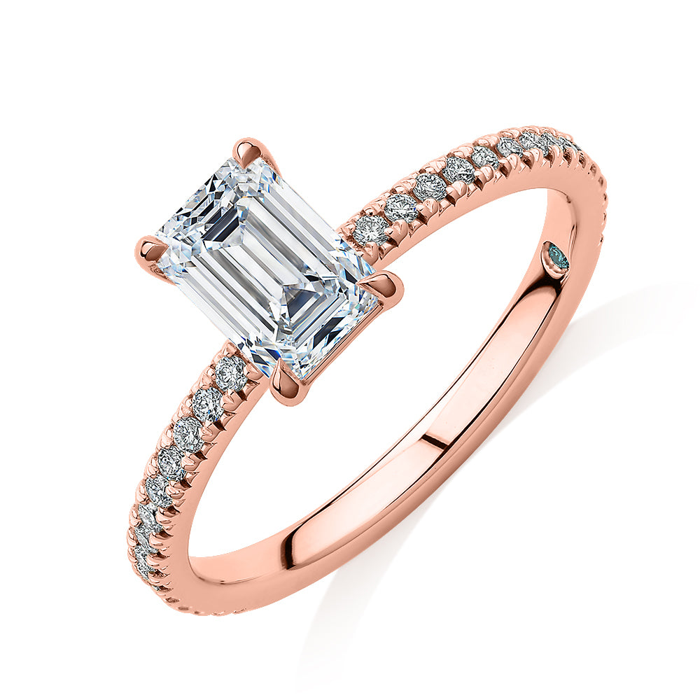 Premium Certified Laboratory Created Diamond, 1.24 carat TW emerald cut and round brilliant shouldered engagement ring in 18 carat rose gold