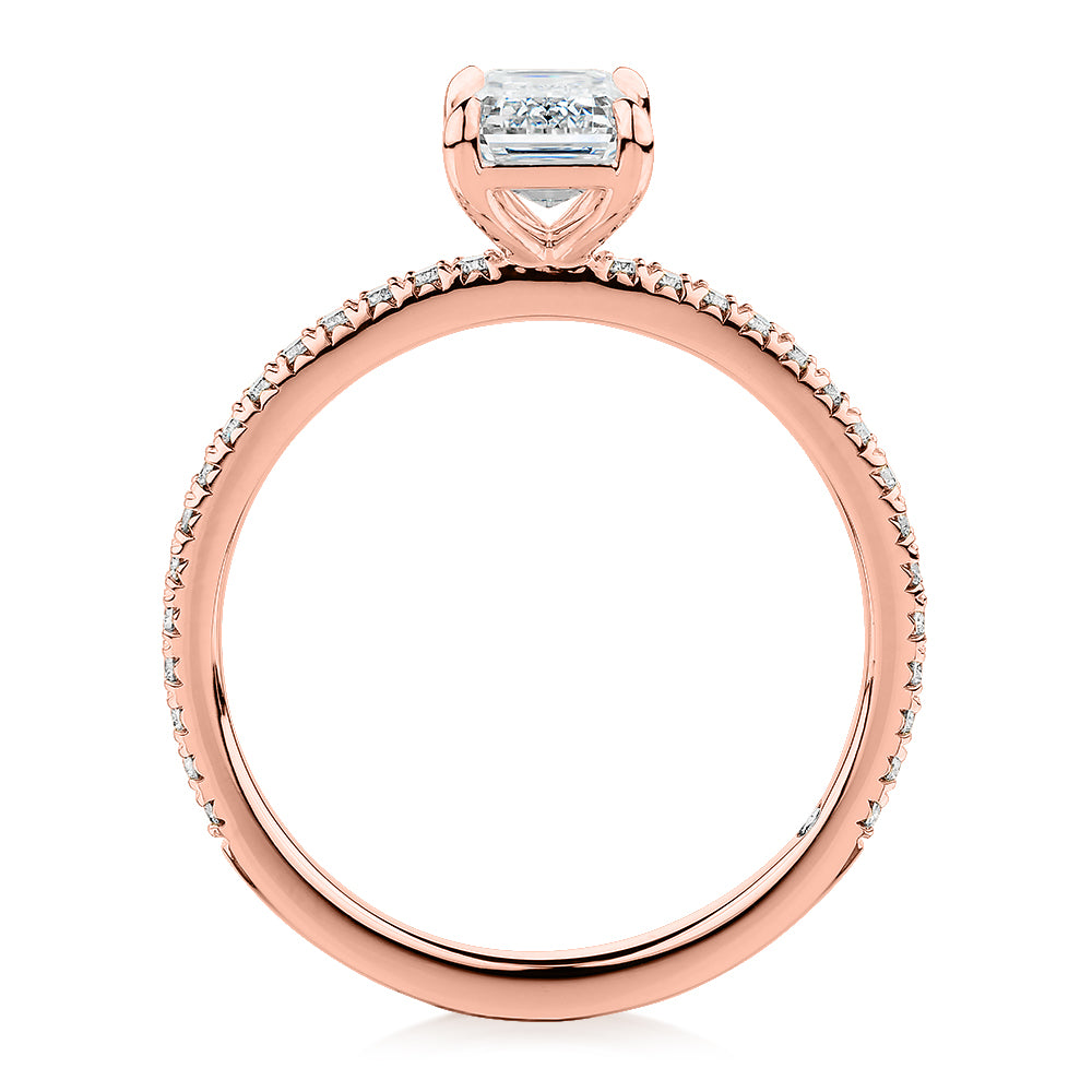 Signature Simulant Diamond 1.24 carat* TW emerald cut and round brilliant shouldered engagement ring in 14 carat rose gold