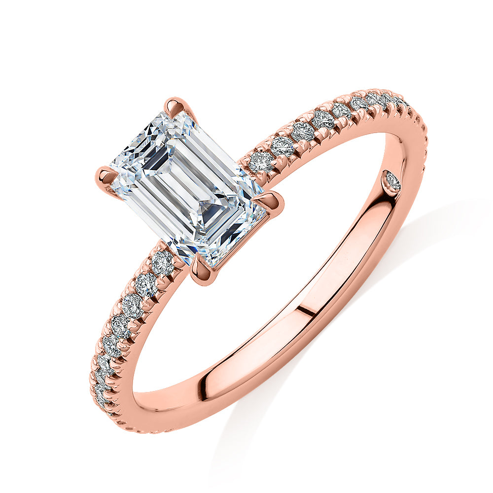 Signature Simulant Diamond 1.24 carat* TW emerald cut and round brilliant shouldered engagement ring in 14 carat rose gold