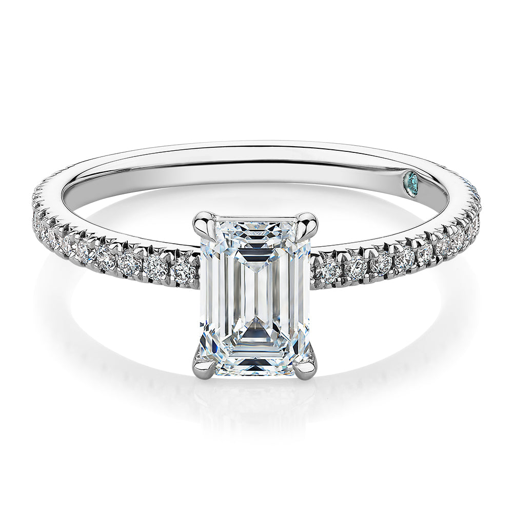 Premium Certified Laboratory Created Diamond, 1.24 carat TW emerald cut and round brilliant shouldered engagement ring in 18 carat white gold