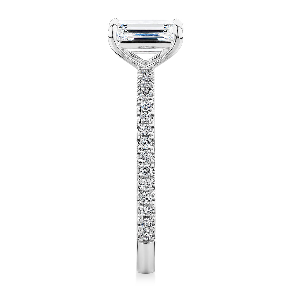Premium Certified Laboratory Created Diamond, 1.24 carat TW emerald cut and round brilliant shouldered engagement ring in platinum