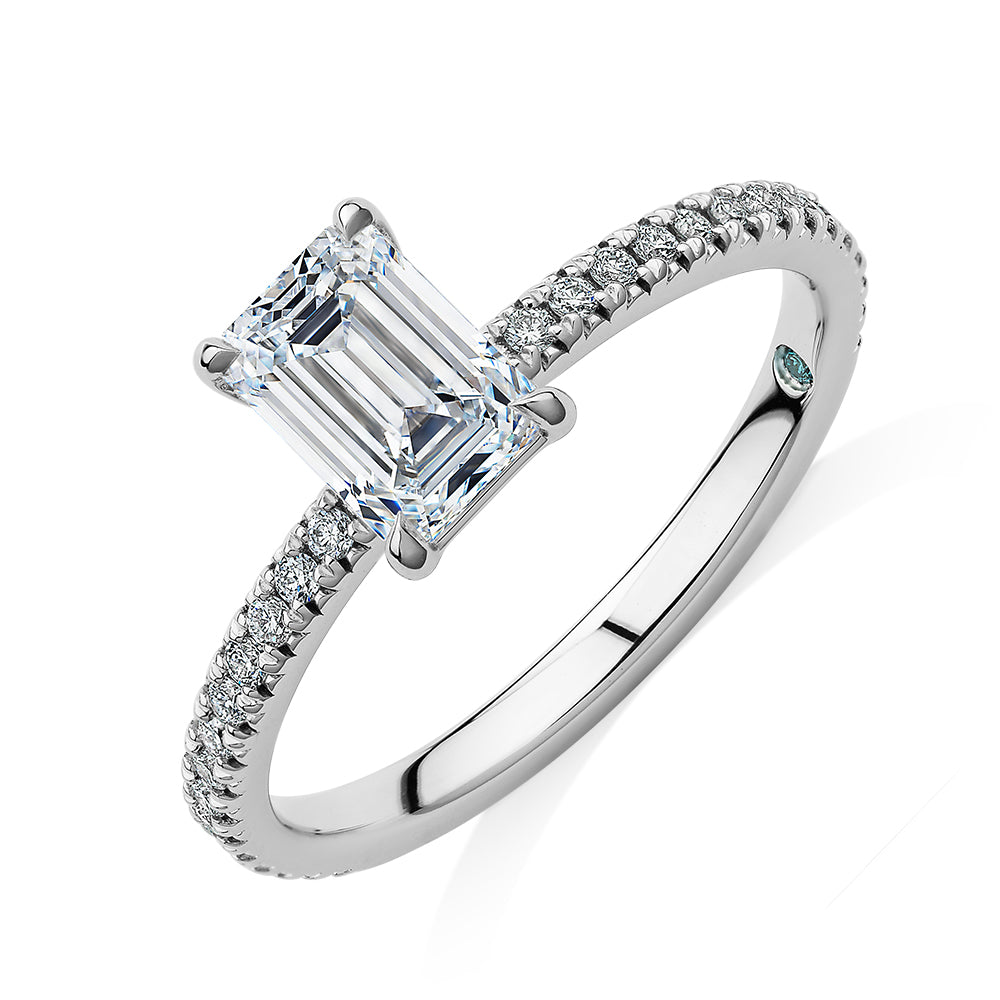 Premium Certified Laboratory Created Diamond, 1.24 carat TW emerald cut and round brilliant shouldered engagement ring in 18 carat white gold