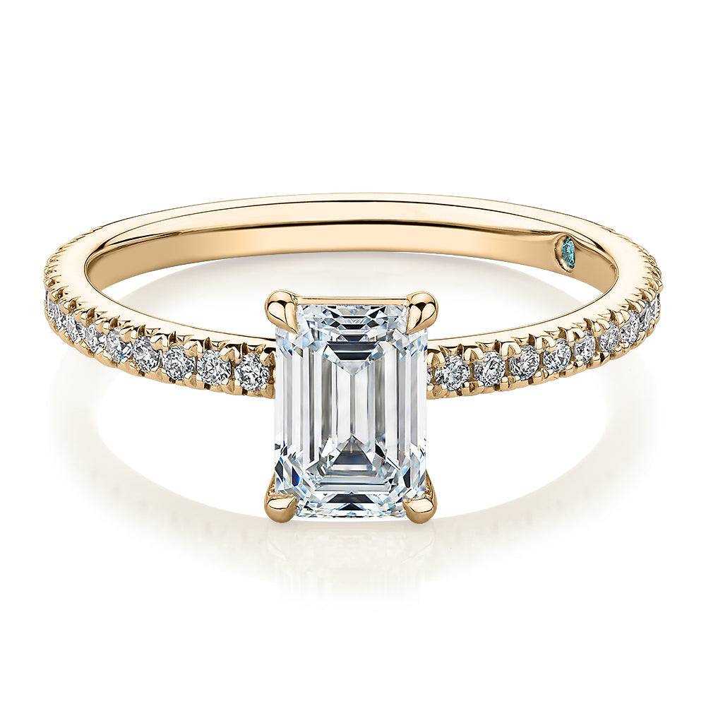 Premium Certified Laboratory Created Diamond, 1.24 carat TW emerald cut and round brilliant shouldered engagement ring in 18 carat yellow gold
