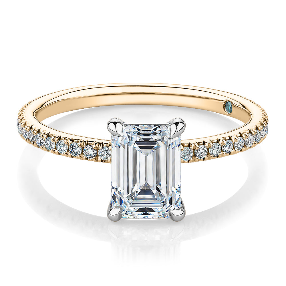 Premium Certified Laboratory Created Diamond, 1.74 carat TW emerald cut and round brilliant shouldered engagement ring in 14 carat yellow and white gold