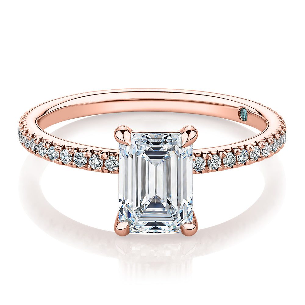 Premium Certified Lab Grown Diamond 1.74 carat TW emerald cut and round brilliant shouldered engagement ring in 18 carat rose gold
