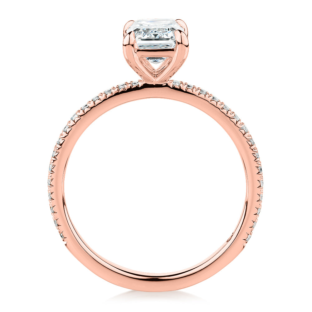Premium Certified Laboratory Created Diamond, 1.74 carat TW emerald cut and round brilliant shouldered engagement ring in 18 carat rose gold