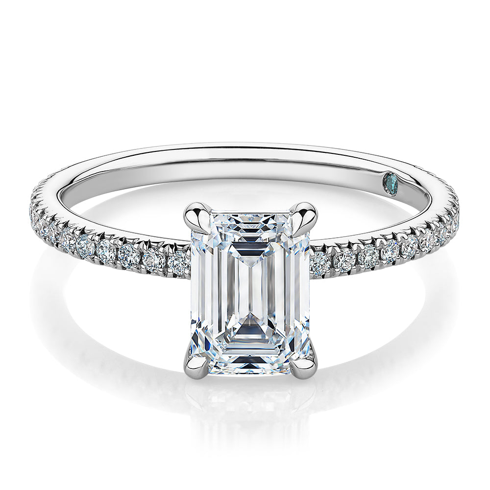 Premium Certified Laboratory Created Diamond, 1.74 carat TW emerald cut and round brilliant shouldered engagement ring in platinum