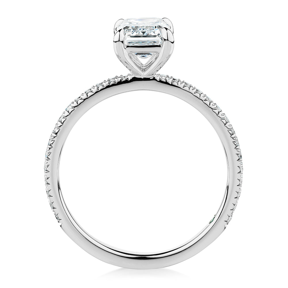 Premium Certified Laboratory Created Diamond, 1.74 carat TW emerald cut and round brilliant shouldered engagement ring in platinum