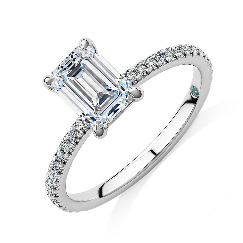 Premium Certified Laboratory Created Diamond, 1.74 carat TW emerald cut and round brilliant shouldered engagement ring in 14 carat white gold